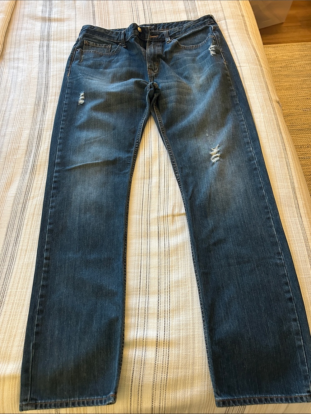 Banana Republic Men's Dark Blue Straight Jeans with Light Distressing - Picture 4 of 5